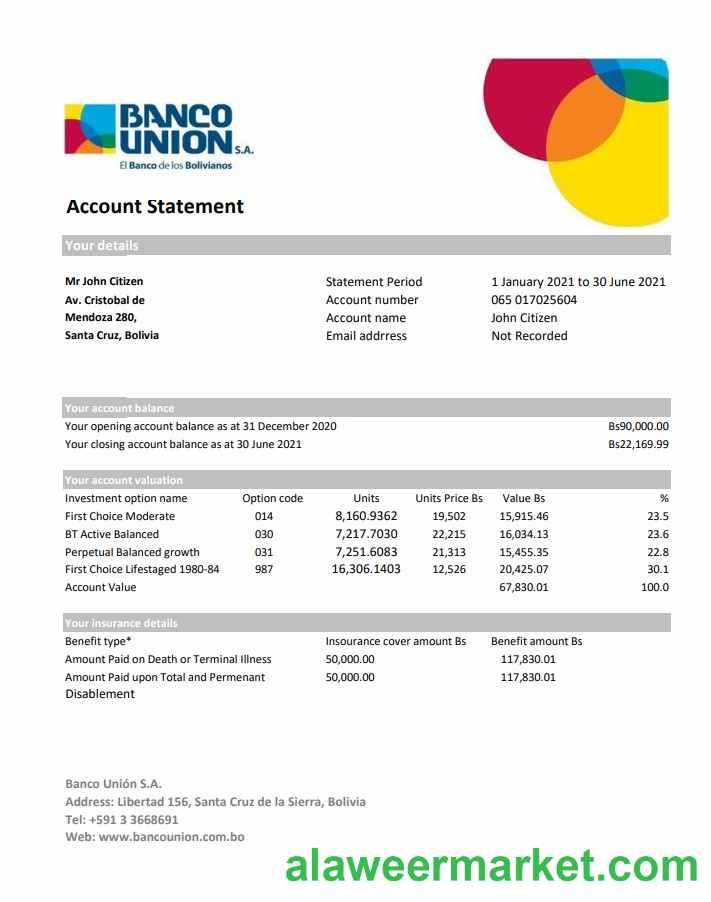 Bolivia Banco Union bank statement easy to fill template in Excel and PDF format (AutoSum)